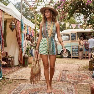 Boho Romper Patchwork Plunging V Neck Halter Vibrant eye-catching summer outfit